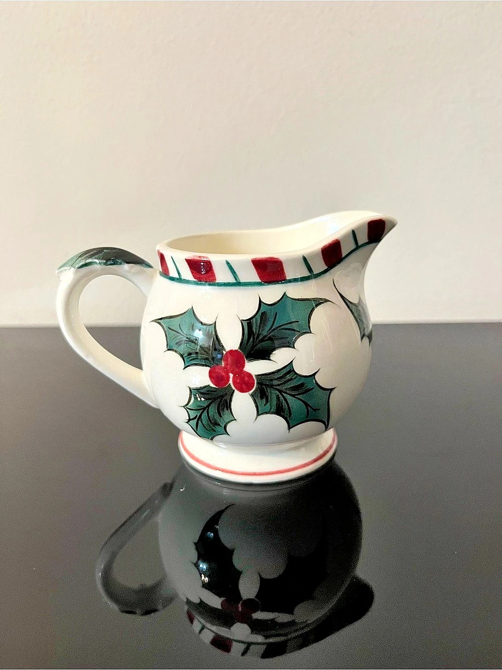 Vintage Lefton Christmas Holly Berry Candy Cane Stripe Ceramic Creamer Pitcher